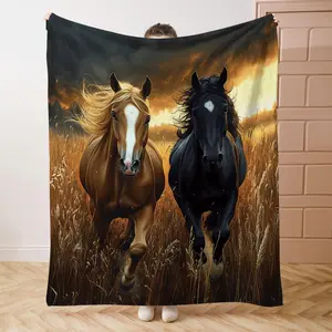 Horse Galloping on The Grassland Print Flannel Blanket, Soft Comfortable Throw Blanket, Cool Bedroom Warm Napping Blanket for Home Office Camping