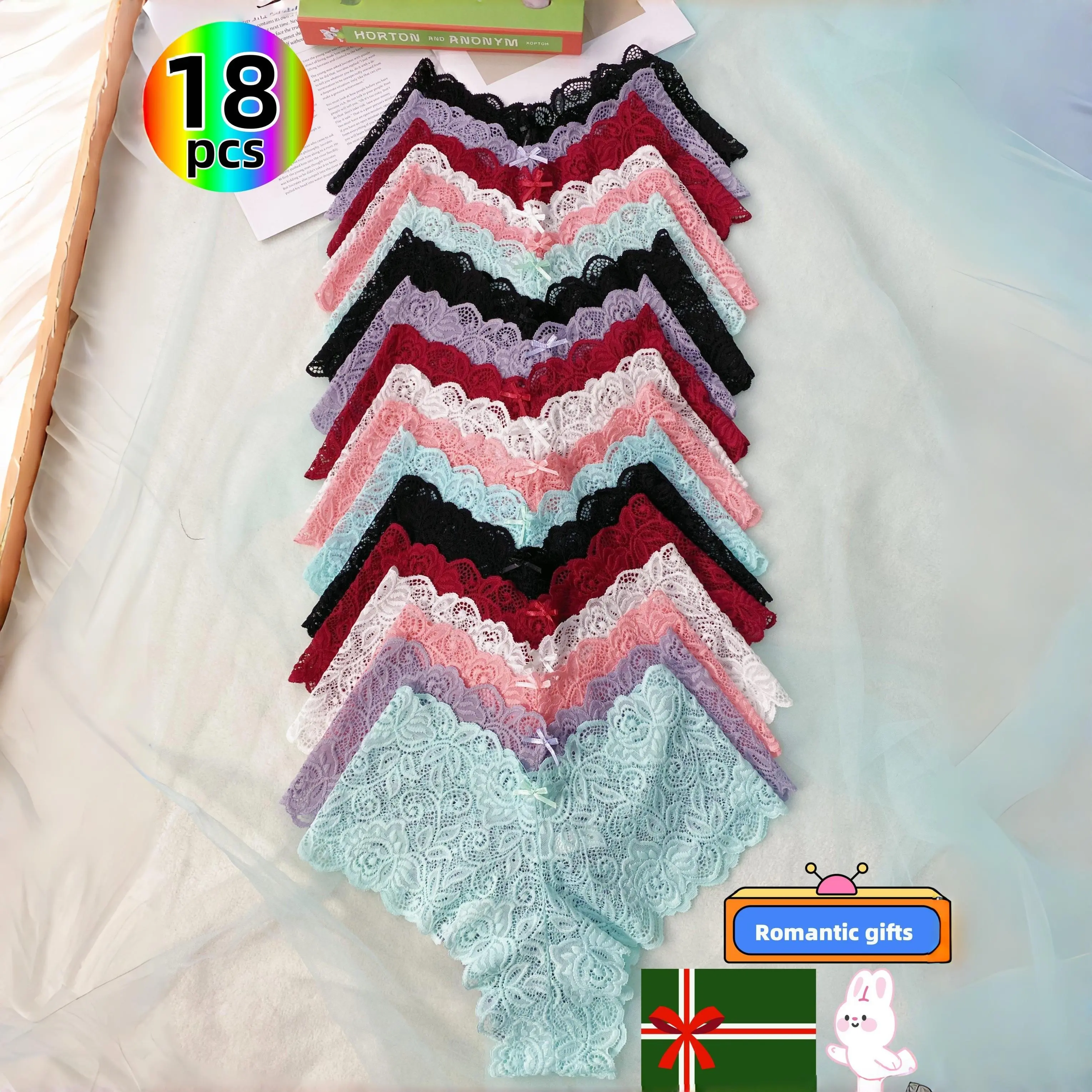 HH   18-Pack Women's Lace Bow Panties, Sexy Floral Seamless Underwear, Cooling & Breathable for Summer, Multi-Color Lace. High Rise Cheeky Style, Soft Snug Fit, Ideal for 4th of July, Labor Day, Thanksgiving, Christmas & Mother's Day Womenswear