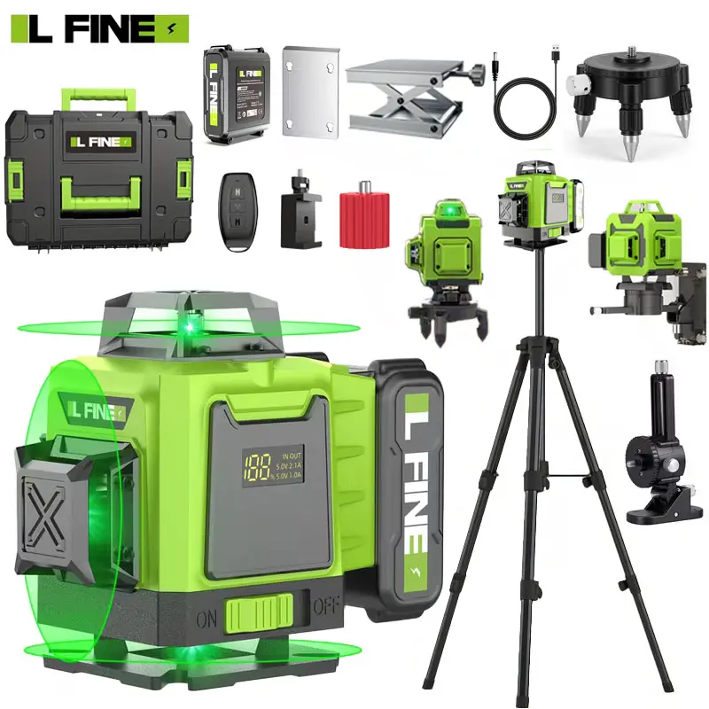 L FINE 16-Line 4D Green Beam Laser Leveler Tool, 360° Self-Leveling Cross Line Laser for Construction, Professional Alignment Construction Tool with Tripod, Batteries, Remote Control, Construction Tools