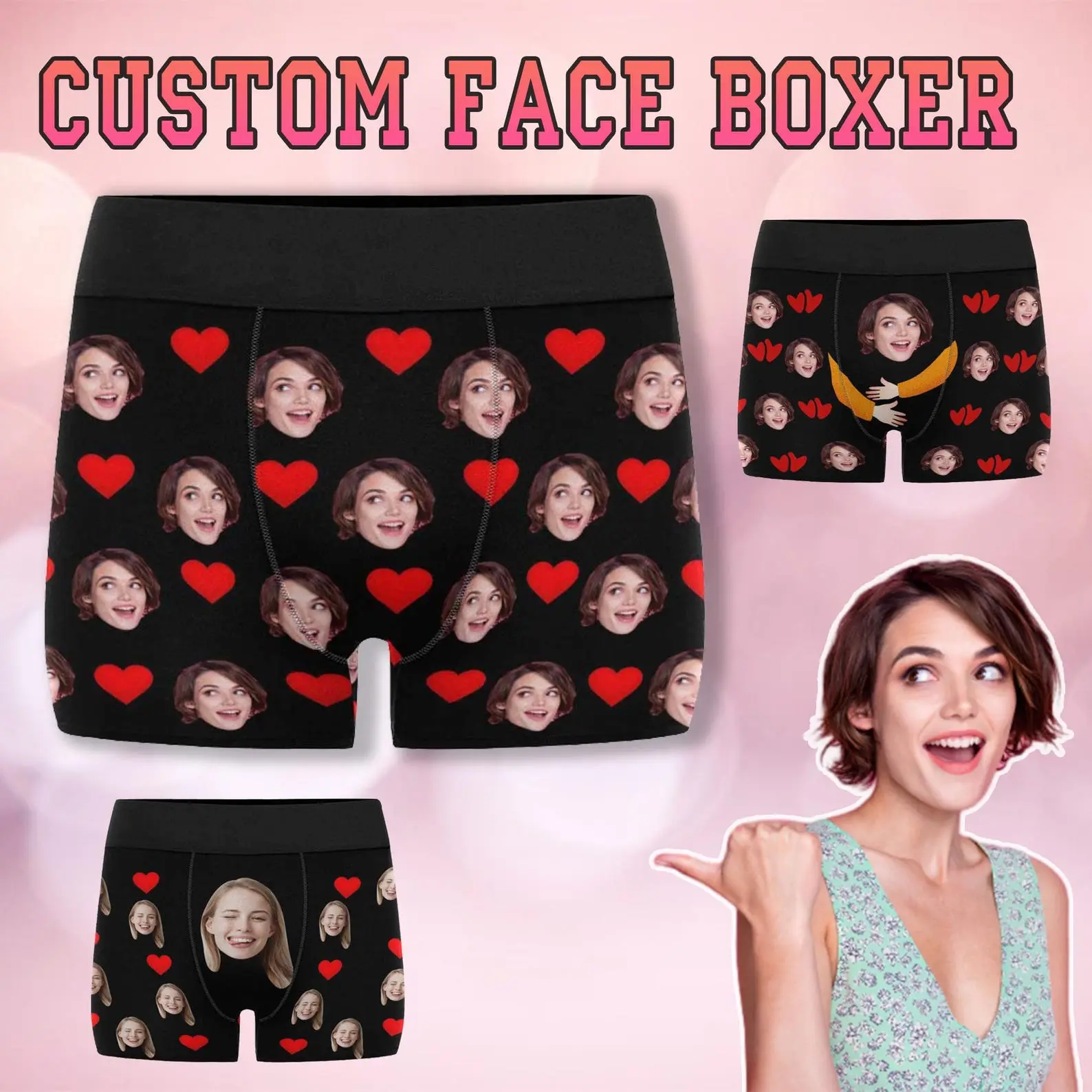 Custom Face Boxer Briefs for Men, Personalized Polyester Underwear with Heart Pattern - Funny Romantic Male Intimate Gift for Boyfriend or Husband on Birthday, Christmas, Menswear