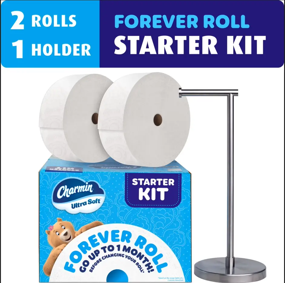 Charmin Ultra Soft 2-Ply Toilet Paper Forever Roll Starter Kit - 1 Holder, 2 Rolls, Home Care Bath Tissue