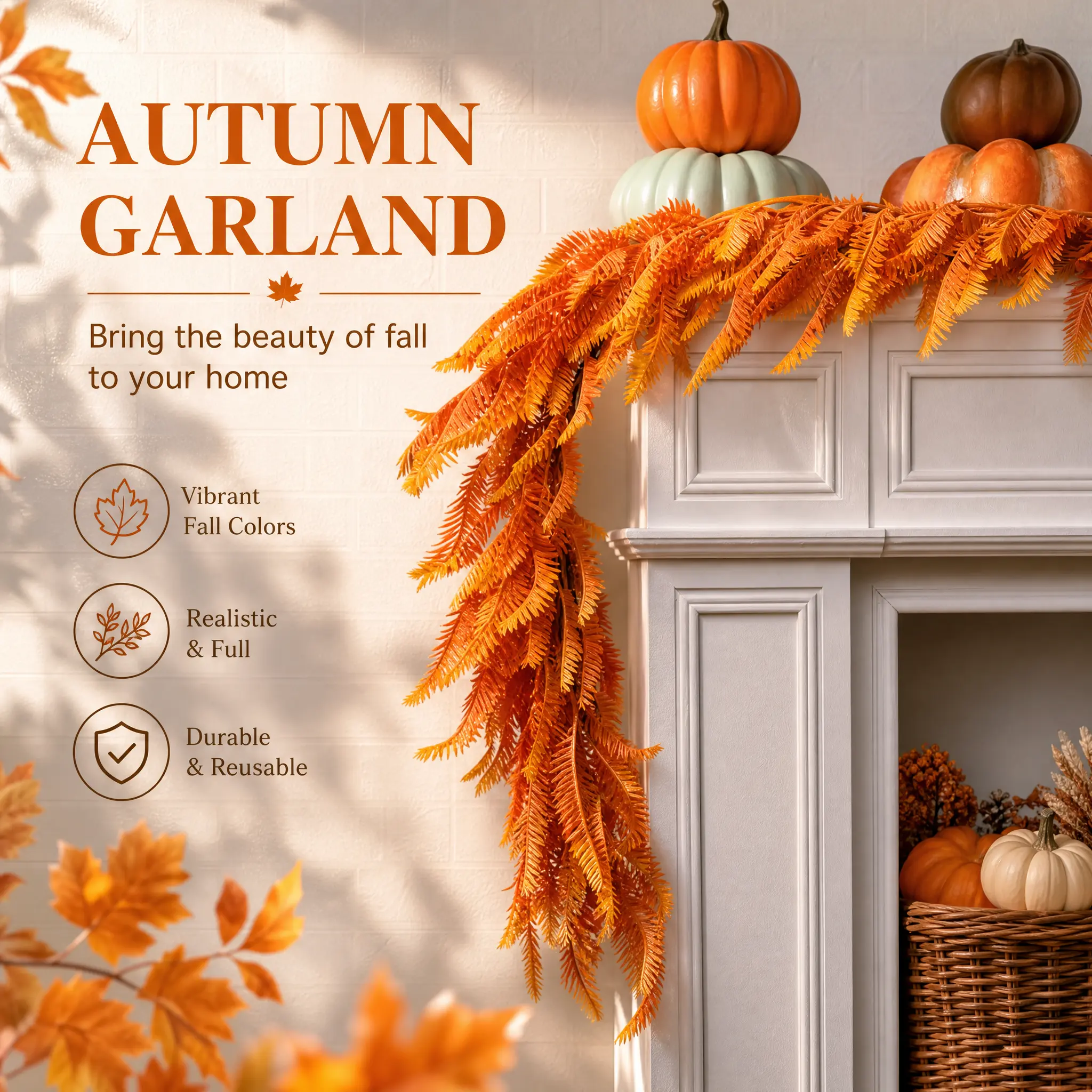 1PC 5.9FT Autumn Orange Bald Cypress Garland, 400g Artificial Fall Feathery Cypress Vine, Flexible Wired Greenery Garland for Fireplace Mantel, Stair, Table, Farmhouse Thanksgiving Home Decor