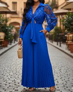 Live Only ChicMe Jacquard Sheer Mesh Patch Turn-down Collar Jumpsuit Elegant Waist Tied Detail Pleated Flare Romper