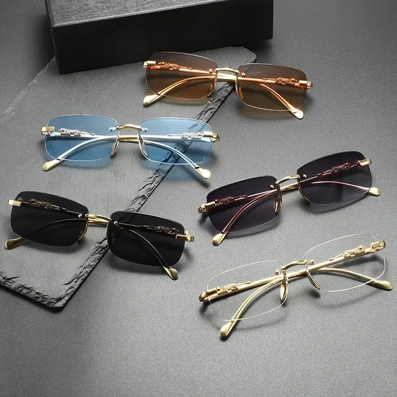 2026 New Trendy Women Men Metal Temple Eyewear Rectangle Frameless Glasses Retro Rimless Square Sunglasses Shades
