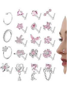 Nose Rings L Shaped Nose Studs Ring Hypoallergenic Stainless Steel Nose Ring-Dangle CZ Butterfly Flower Nose Studs Hoops Piercings Jewelry Gift for Women Men 20G Pink/Blue/Clear Cubic Zirconia Jewelry