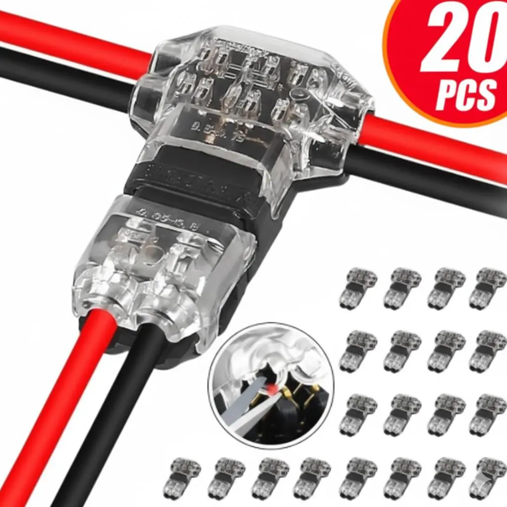 T-Tap Wire Connectors, 2-Pin Wire Splice Connectors for 24-20 AWG Wires, Solderless No-Stripping 3-Way Wire Connectors for LED Strips, Durable and Reliable Quick Wire Connectors
