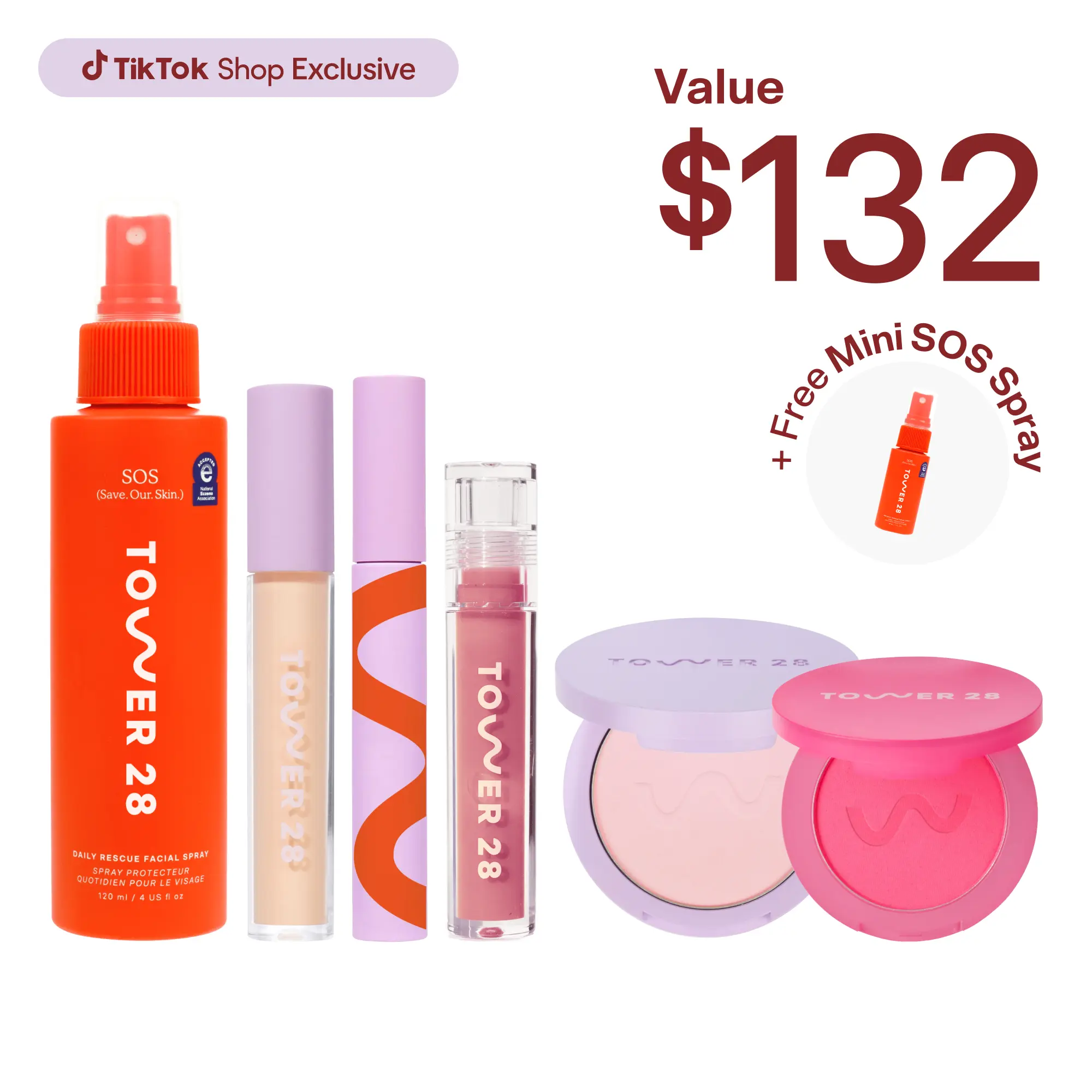 Tower 28 Full Routine 7-Piece Set: SOS Spray, Concealer, Setting Powder, Lip Oil, Blush, Mascara & FREE Makeup Bag Tower 28 Full Routine 7-Piece Set: SOS Spray, Concealer, Setting Powder, Lip Oil, Blush, Mascara & FREE Makeup Bag
