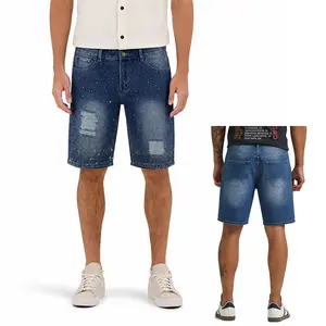 Men’s summer vintage washed denim shorts, loose straight mid-length fit, all-over star glitter sequin embellishment, distressed patch details, street-style versatile shorts, new eco-friendly fabric, comfortable slim fit