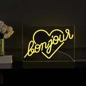 JONATHAN Y Bonjour Heart Contemporary Glam Acrylic Box USB Operated LED Neon Light; for dorm, living room, dining room, college