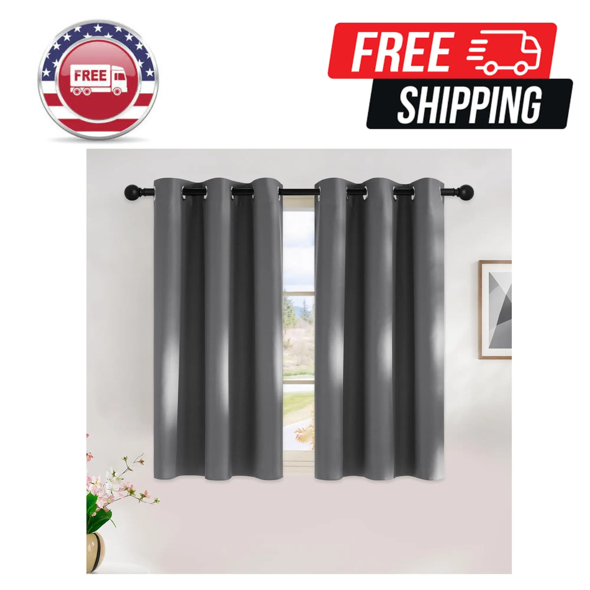 Grey Kitchen Blackout Short Curtain Panels for Bedroom, 45 Inch Long Thermal Insulated Grommet Top Blackout Draperies and Drapes (2 Panels, W42 x L45 -Inch, Grey)