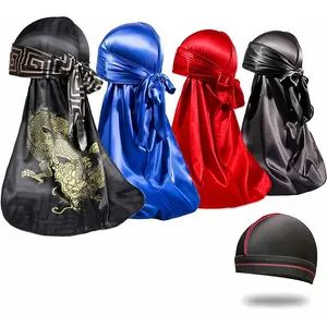 4 Pack Silky Durags with Wave Cap for Men 360 Waves Long Tail Do Rags Smooth Satin Head Wraps Breathable Hair Protection