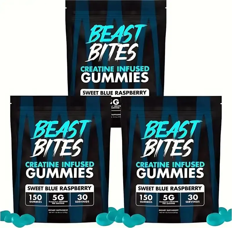 Beast Bite 5G Pure Creatine Gummies  Pre/Post-Workout Supplement  sweetSet Muscle Growth & Strength Enhancer Sugar-Free  Blue Raspberry & Fitness 150 Servings Flavor Rapid Absorption For Bodybuilding