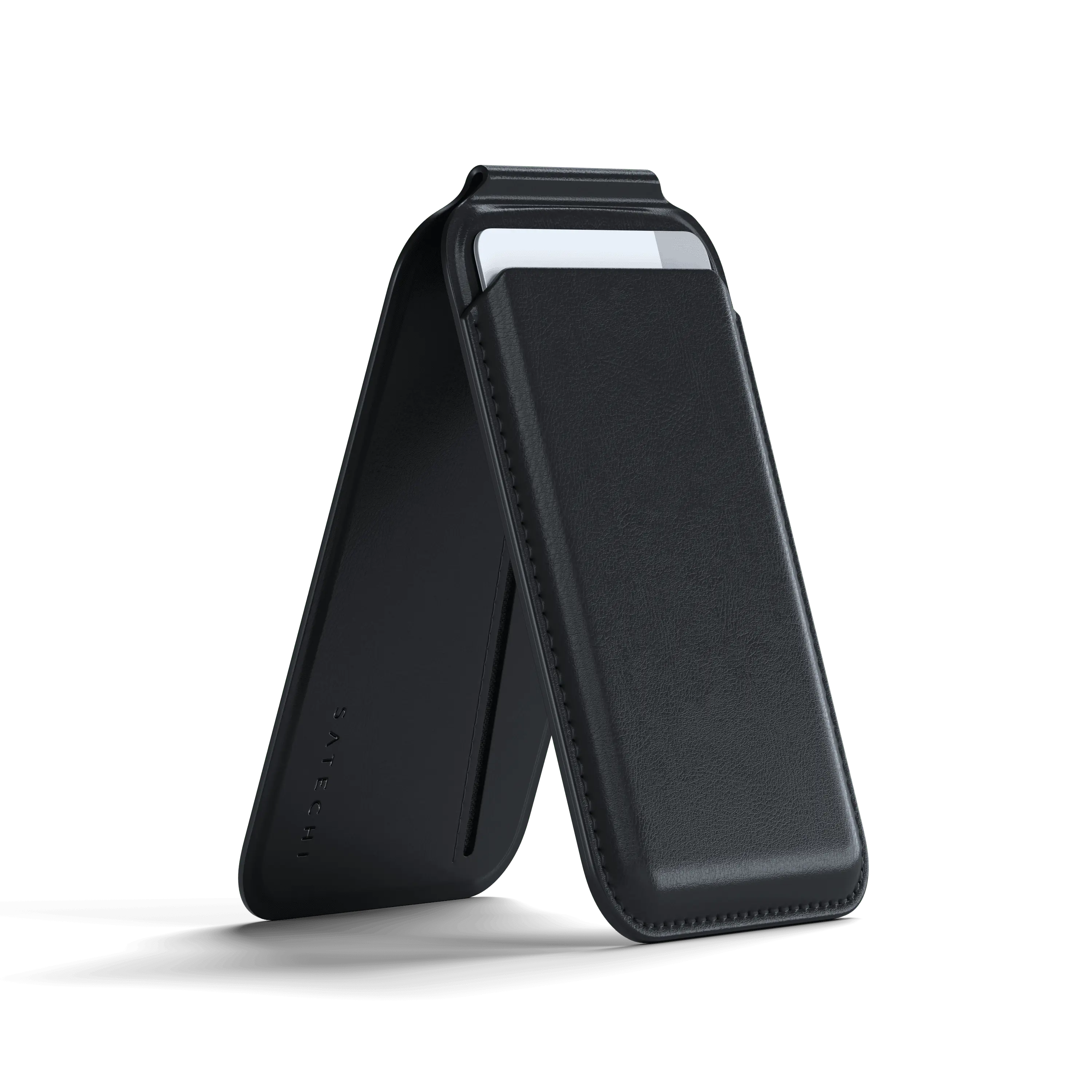 Vegan-Leather Magnetic Wallet Stand for Smartphones, Double Flap Stand Card Holder, 4 Slots with Front NFC Pass-Through, Adjustable Phone Attachment for iPhone 17/16/15/14/13/12,Travel Accessory