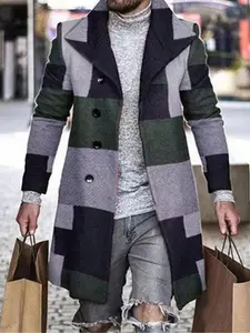 Men's Colorblock Plaid Woolen Fitted Long Sleeve Coat, Colorblock Jacket, Multicolor Outerwear, Comfortable Warmth, Durable Fabric, Perfect for All Seasons, Casual Wear Coat, Outdoor Casual or Gift Choice