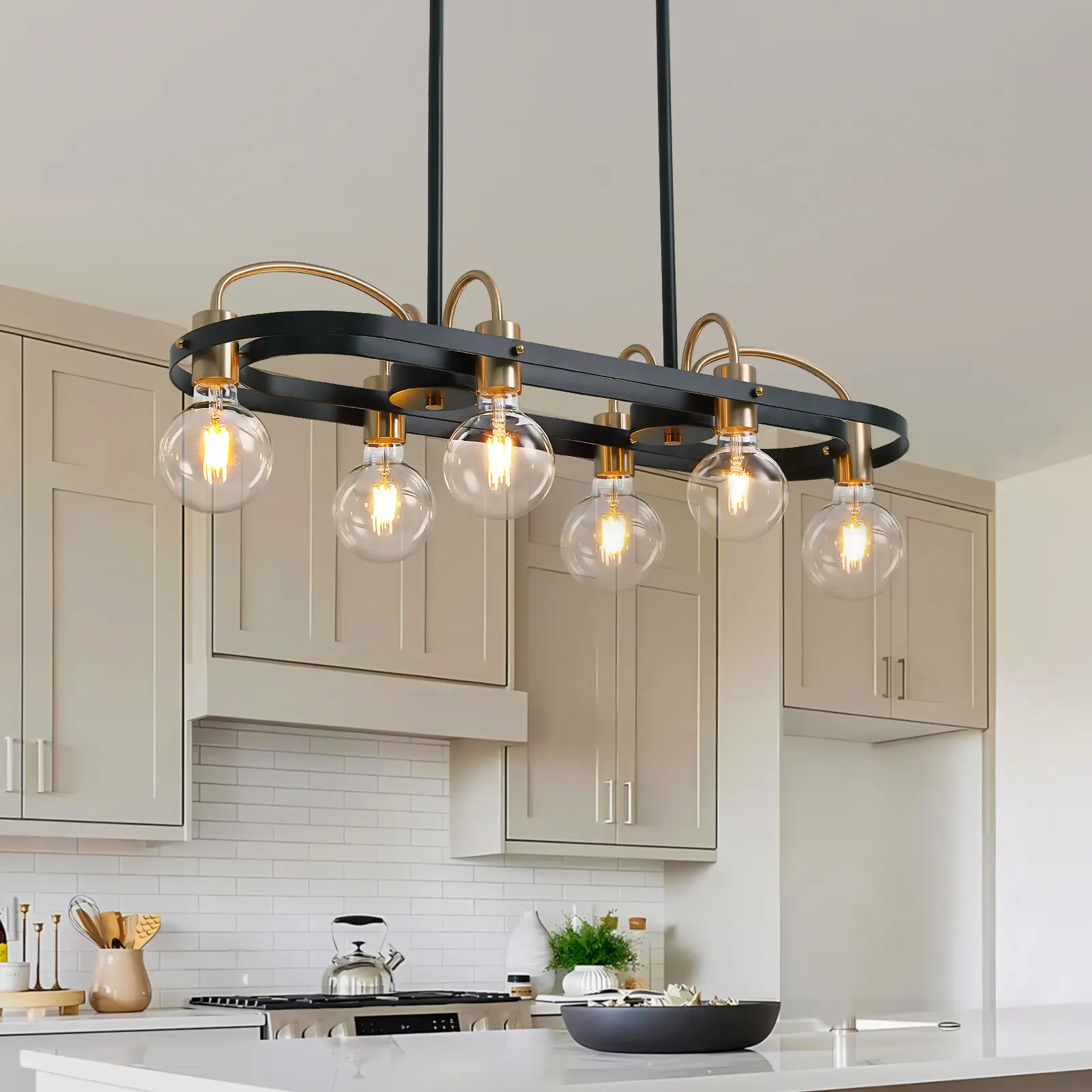 30" Contemporary Modern Industrial Rectangular Chandelier Light - Black & Gold Linear Ceiling Mount Pendant Fixture, Home Decor Decorative Black Light Chandeliers for Kitchen Island, Dining Room Indoor Ambient Lighting