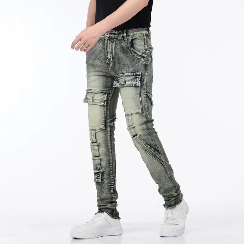 Streetwear fashion multi generational styles retro blue distressed men's jeans stretch slim fit small straight tube, streetwear outdoor casual men's pants
