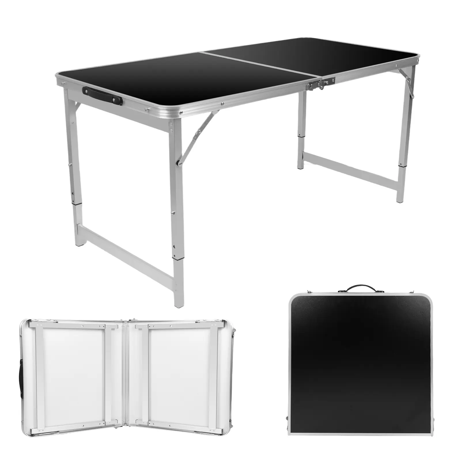 WGCTEK 4-ft Folding Dining Table - Adjustable Height, Carrying Handle, Black Portable, Lightweight - Indoor Outdoor Furniture, Patio Table, Lightweight Outdoor Table