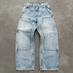 Blue jeans, straight men's jeans, washed and faded street vintage trend casual double knee pants Fathersdaygift Denim Menswear Trouser Streetwear Pocket baggy jeans for men birthday outfit