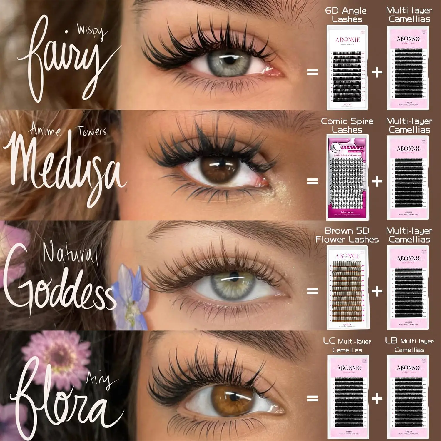 ABONNIE Multi Layered Eyelashes LB LC Double-layer Camellia Eyelash Extensions 5D spike lashes Volume Fans Fluffy Brown Lashes 2026 New
