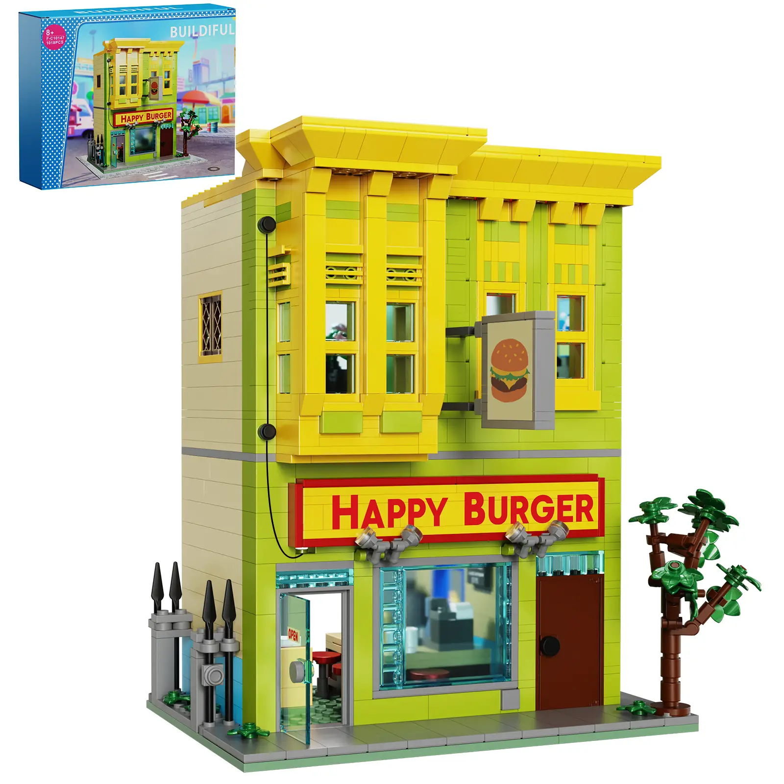 Happy Burgers of Bob Building Blocks Set (1018 pcs) – Fun DIY Food Shop Toy Kit with Vintage Details, Ideal Halloween Gift for Kids, Teens, Foodie Fan