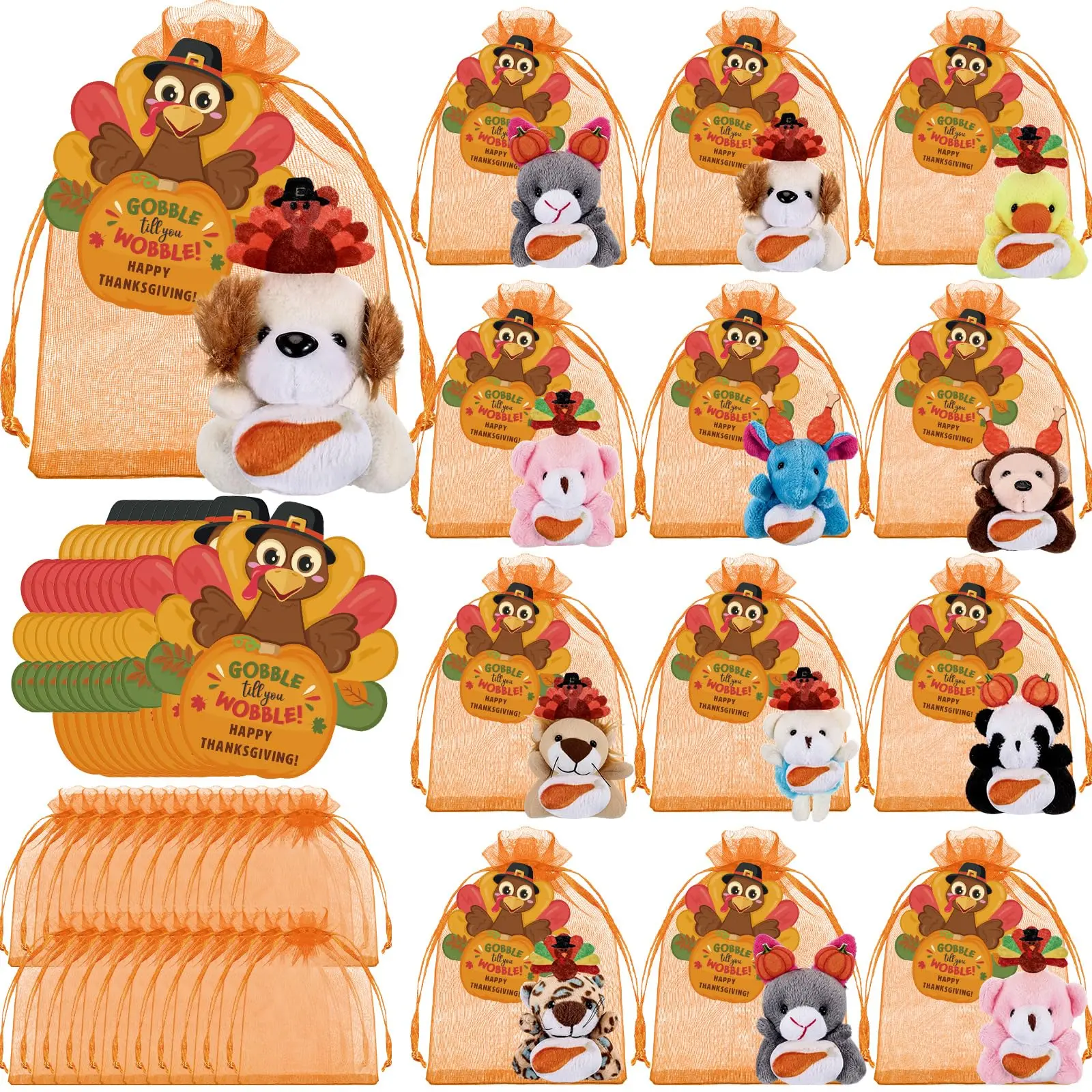 Thanksgiving Fall Gift 12/24 Set Mini Animal Plushes with Cards & Bags School Prizes Gifts for Students Mini Animal Stuffed of Fall Themed Perfect for Classroom Party Favors Kindergarten Supplies Teachers Parents Approved Small Stuffed Doll Keychain