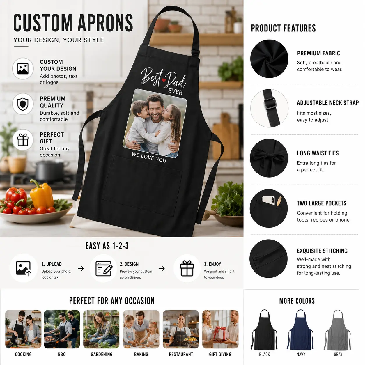 Custom Apron Personalized Photo Text Kitchen Apron - Adjustable Polyester Apron for Valentine's Day Cooking Gift