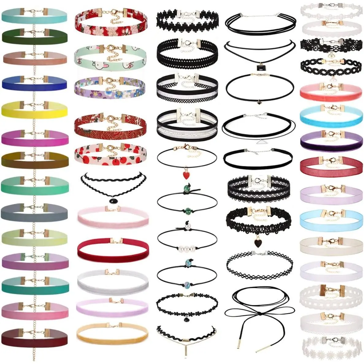 60 count Choker Necklace Set, Classic Stretch Colorful Gothic   And Black Layered Cute Lace  Choker Necklace For Teenagers And Women