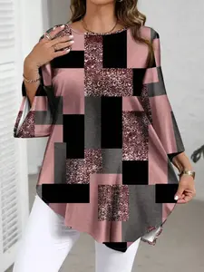 Spring Summer Trendy Abstract Print Plus Size Women's Loose Casual Asymmetrical Hem Top Blouse, Comfortable and Stylish Ladies' Clothing
