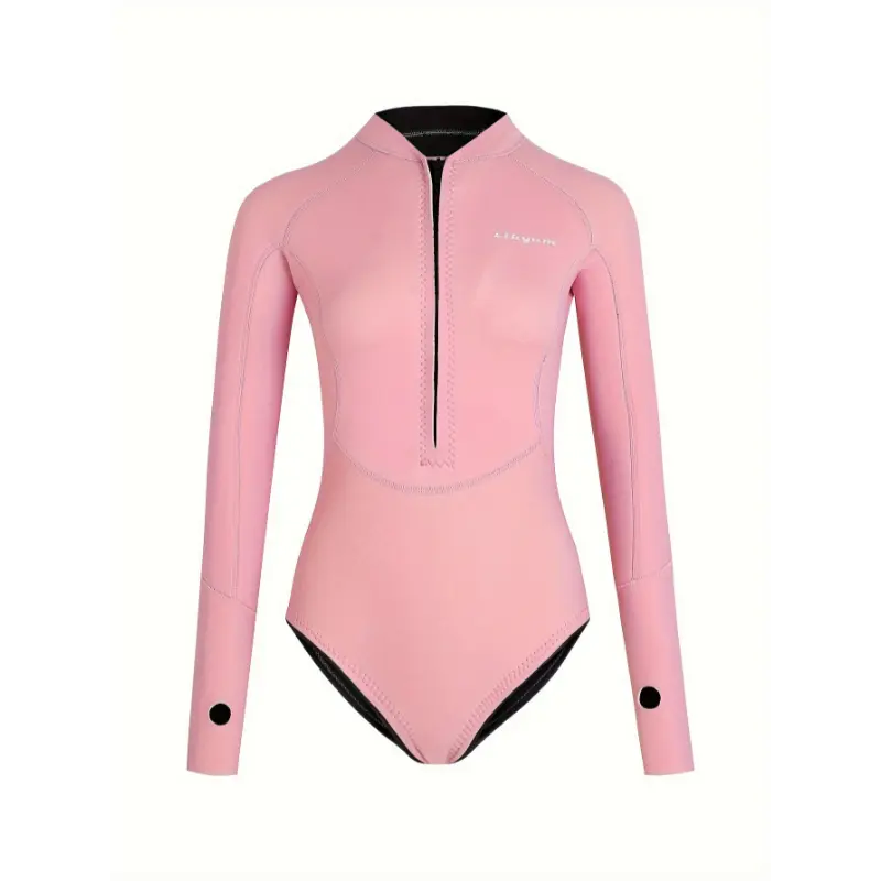 Women's Solid Color Neoprene Long-Sleeve Full-Coverage Athletic Dive Wetsuit with Front Zipper - Neoprene-Nylon Blend, Medium Stretch, Machine Washable for Snorkeling, Water Sports