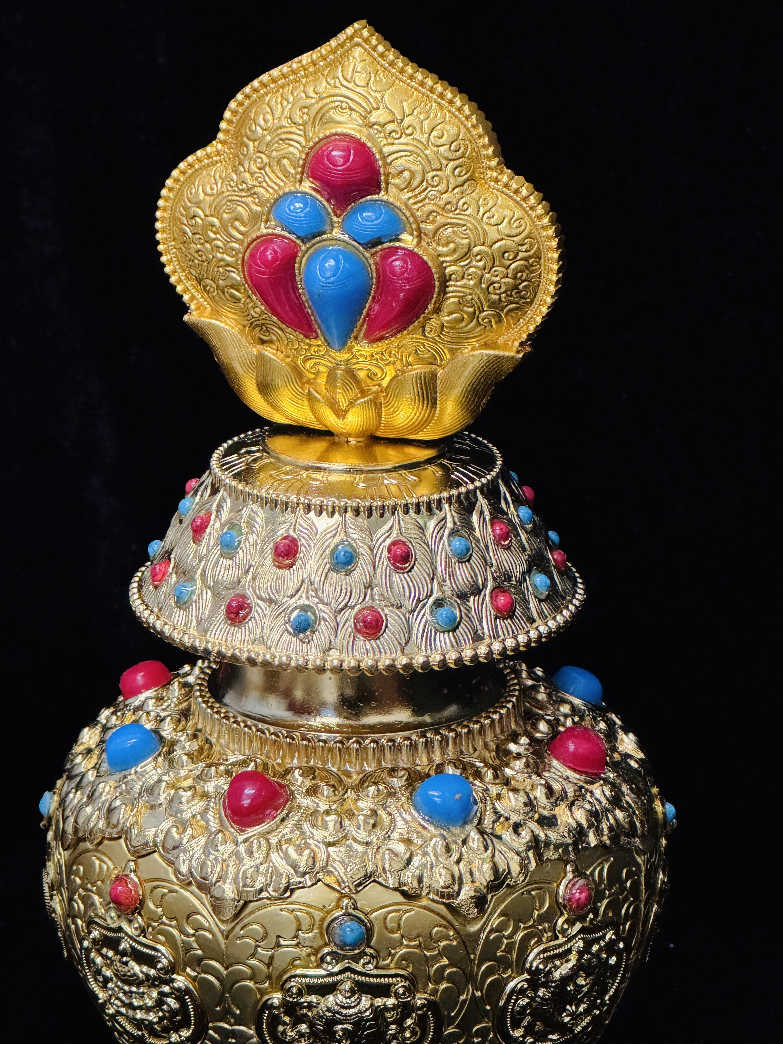 Handmade Tibetan Style Gold-Plated Treasure Vase, Ornate Inlaid Gemstone Buddhist Vase, Lucky Prosperity Home Decor