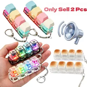 2 Pcs 4-in-1 Keyboard Adult Fidget Clicker Toy with LED Light Silent and Loud Keyboard Fidget Keychain Cube Mechanical Key Button Clicker Stress Relief Gift for Office, Car and Home Pass Time