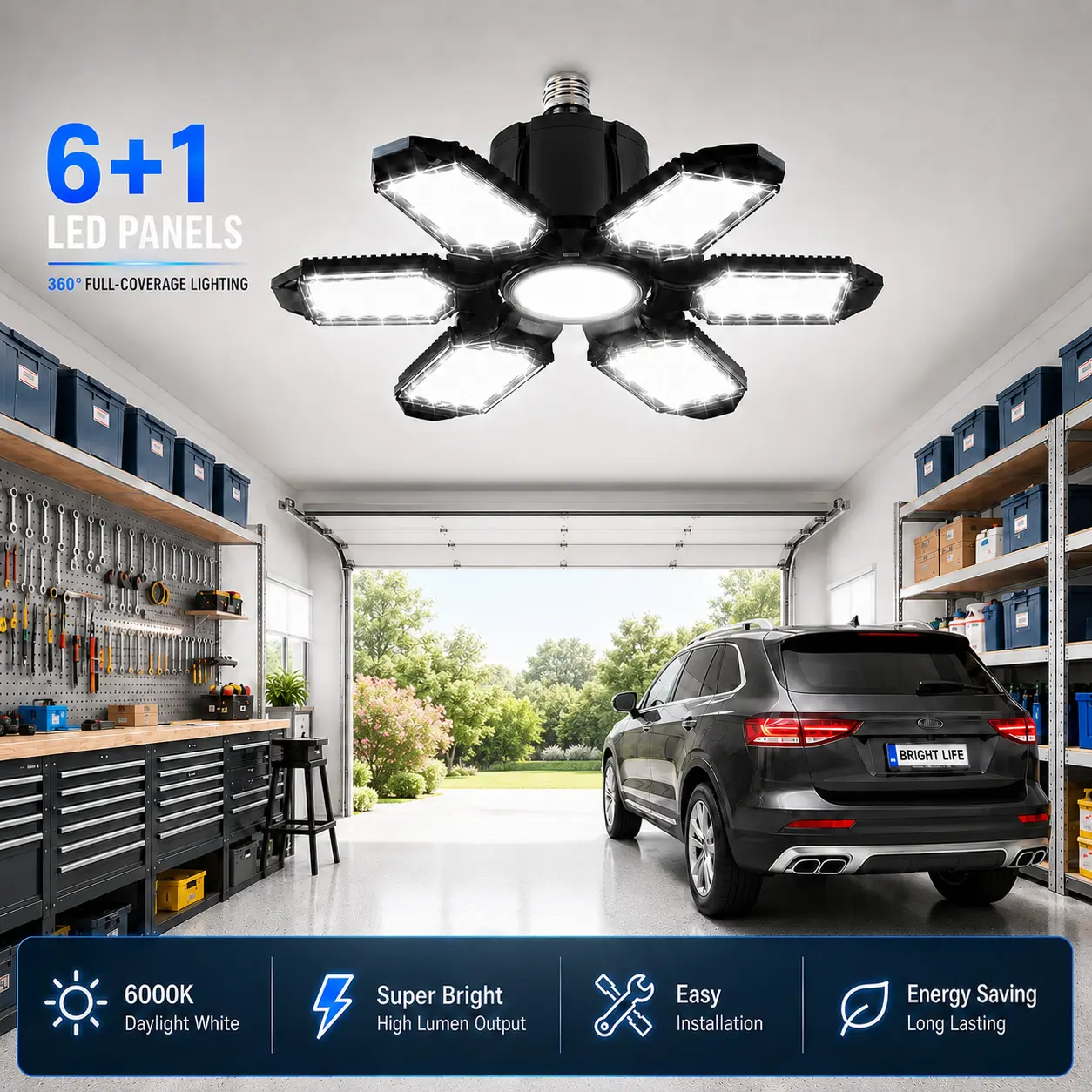 FOLDABLE GARAGE LIGHT Deformable Bright Shop Ceiling Bulb Lamps Barn Warehouse Garage Foldable 6+1 Panel Work Light  Easy Installation