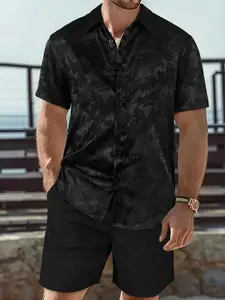 Men's Spring Summer Two-Piece Set, Single-Breasted Shirt Neckline, Plant Print Coconut Tree Jacquard Short Sleeve & Drawstring Shorts