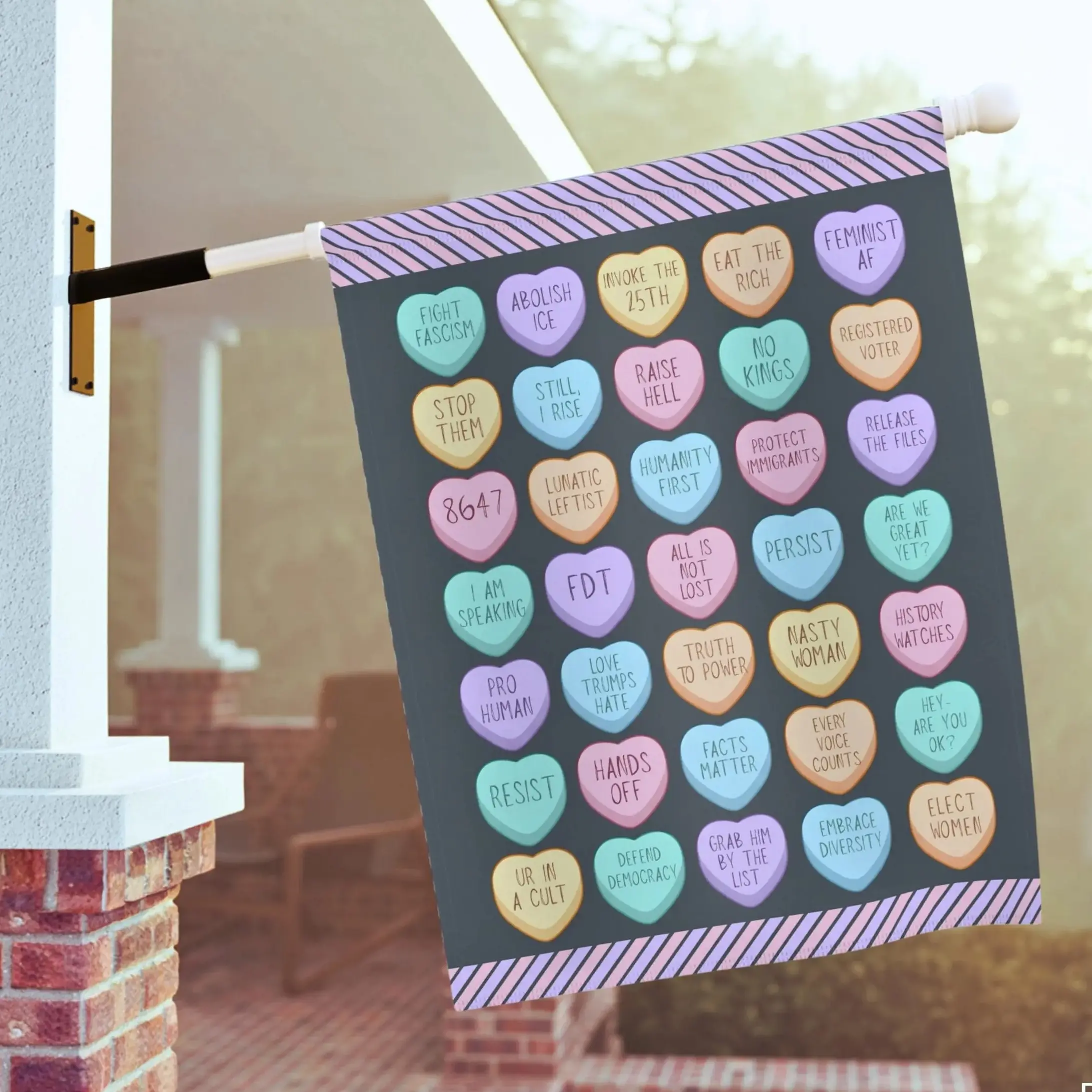 Anti MAGA Subtle Political Valentines Day Porch Flag, Resist Fascism Conversation Hearts Garden Banner, Progressive Candy Hearts FDT Pennant