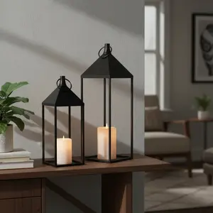 Home Reflections Flameless S/2 Lanterns Farmhouse Lanterns Decorative Indoor & Outdoor,  Set of 2 Black Vintage Lantern with Flameless Candles, Metal Christmas Lantern Decor for Room, Porch, Mantle, Patio, Home Decor, Home Decoration