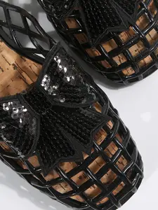 Summer Hollow Out Mesh Slippers for Women, Sequin Bow Knot Open Toe Mules, Casual Outdoor PU Sole Linen Upper Shoes
