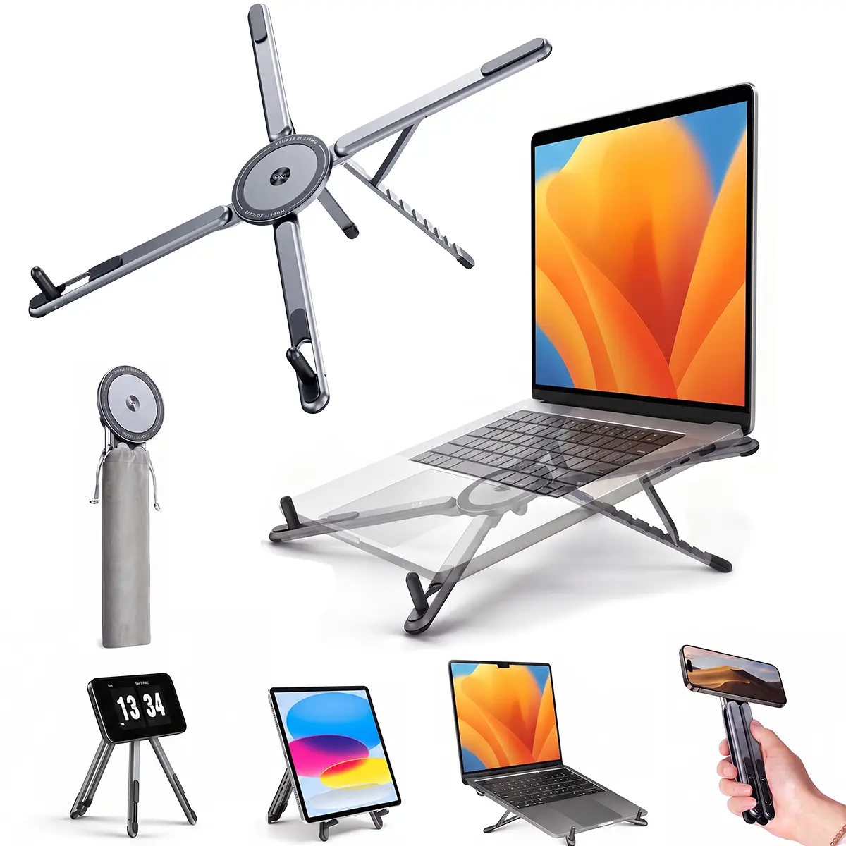 Adjustable 3-in-1 Aluminum Magnetic Folding Laptop & Mobile Phone Stand - 8-Level Height Adjustable Portable Desktop Riser (Office Furniture)