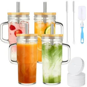 4 Pack 930ml Clear Glass Drinking Cups Bamboo Lids Plastic Lids Stainless Steel Straws Cleaning Brushes Included Iced Coffee Beverage Breakfast Mugs