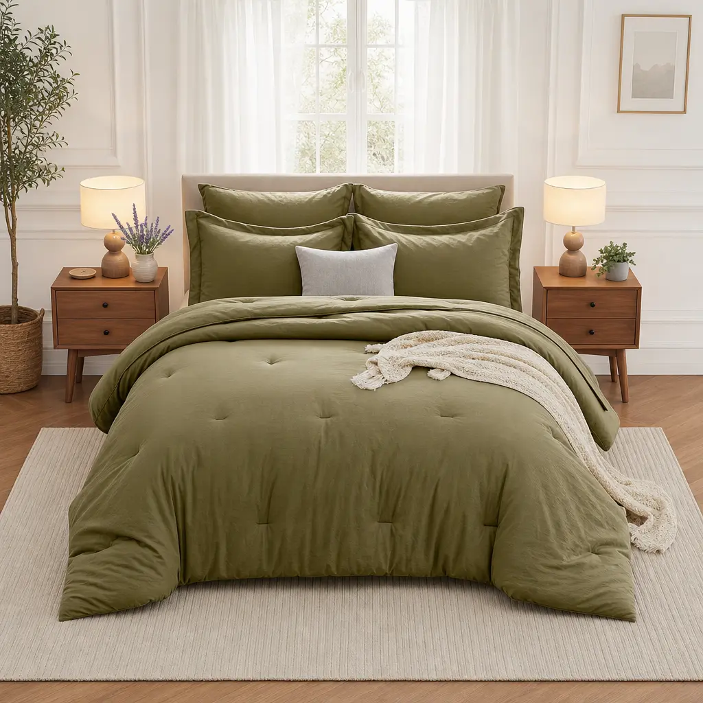 MUXHOMO 7-Piece King Comforter Set, Breathable Quilt Set, All-Season Bedding Collections, Soft Bed-in-a-Bag with Comforter, Flat Sheet, Fitted Sheet, Pillowcases & Shams, Olive Green, Comforter Set King