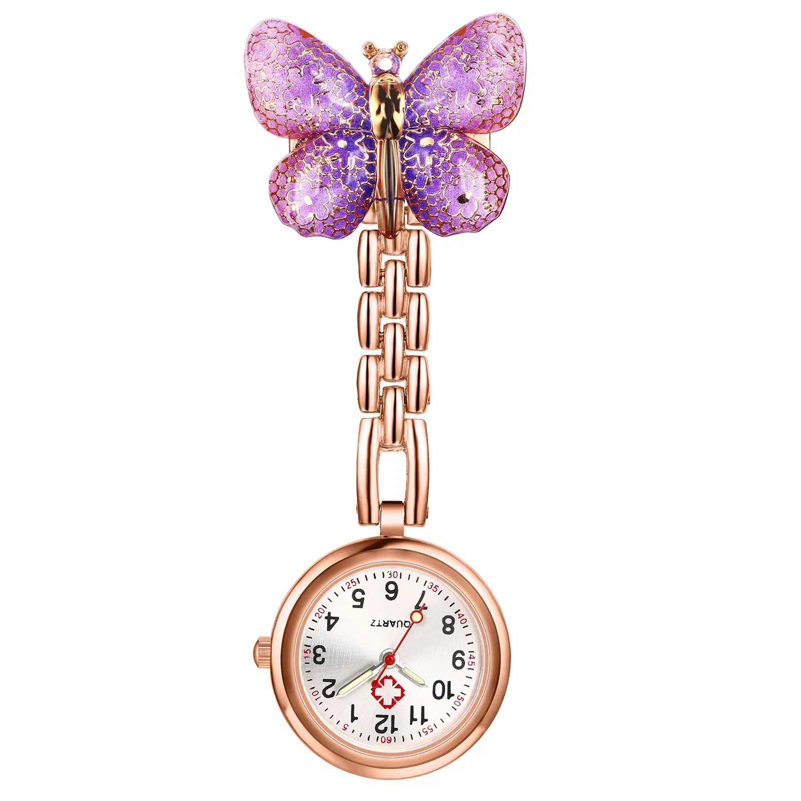 OIDEA Elegant Nurse Pocket Watch - Glass, Compact, Butterfly Accent, Safety Pin Clip, Luminous Hands, Analog Quartz Pin-On for Nurses, Caregivers, Early-Morning Checks