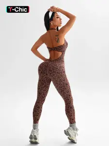 Women's Leopard Print Knit Yoga Sporty Comfy Jumpsuit, High Elastic Waist, Slim-Fitting, Long Sleeve, Casual Fashion, Athleisure Style, All Seasons