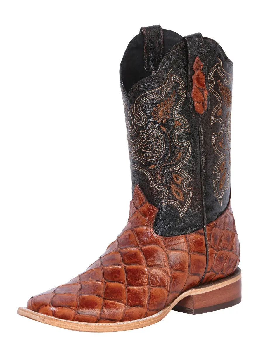 El General Men's Leather Cowboy Boot - Made in Mexico - Embossed Pirarucu Monster Fish - Cognac 41793