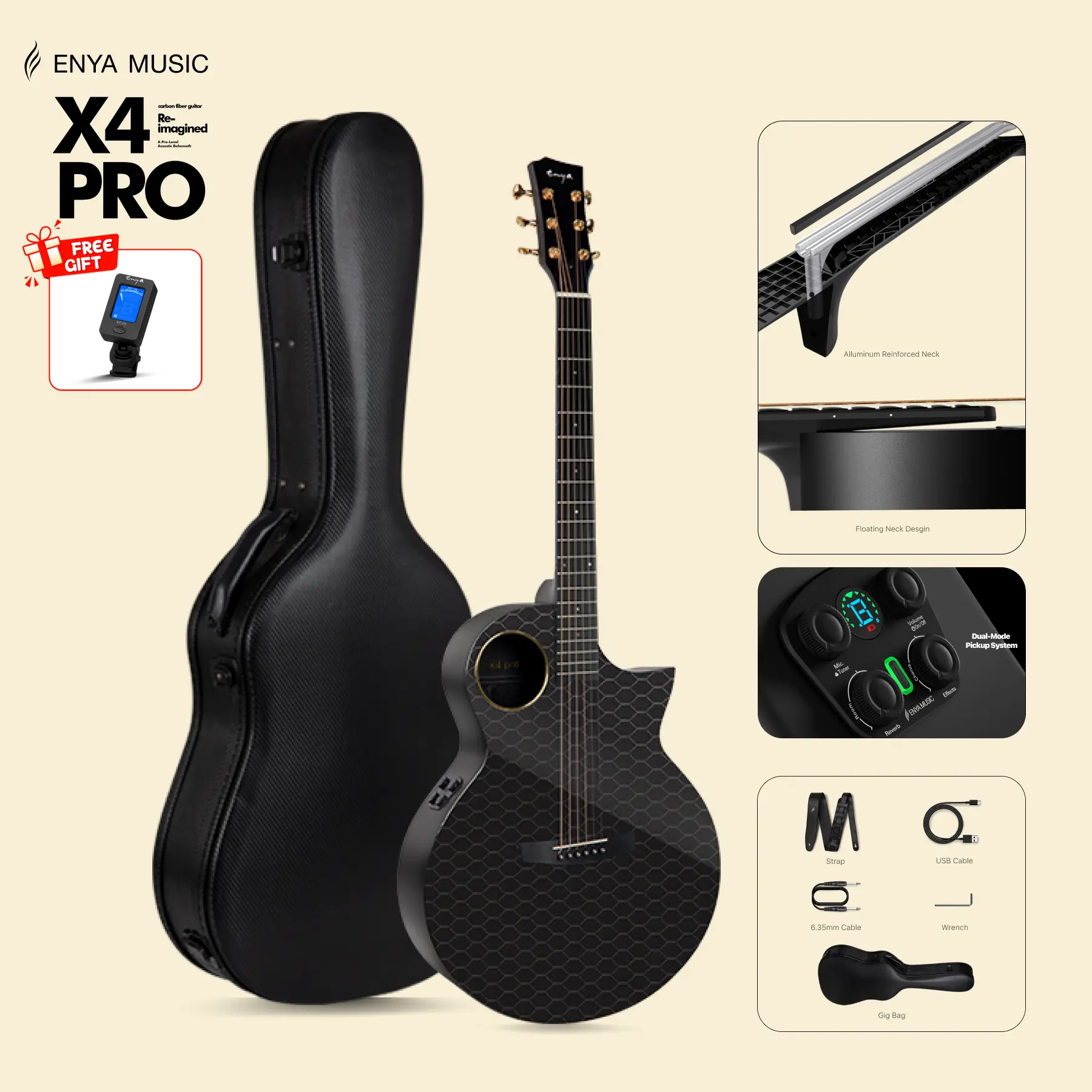 【Music, Evolved.】Enya X4 PRO/ X4 PRO MINI Carbon Fiber Acoustic Electric Guitar, 41-Inch Full Size Cutaway Design, AcousticPlus Pickup System with Built-in Effects & Tuner, Includes Deluxe Hard Case, Leather Strap, Cable