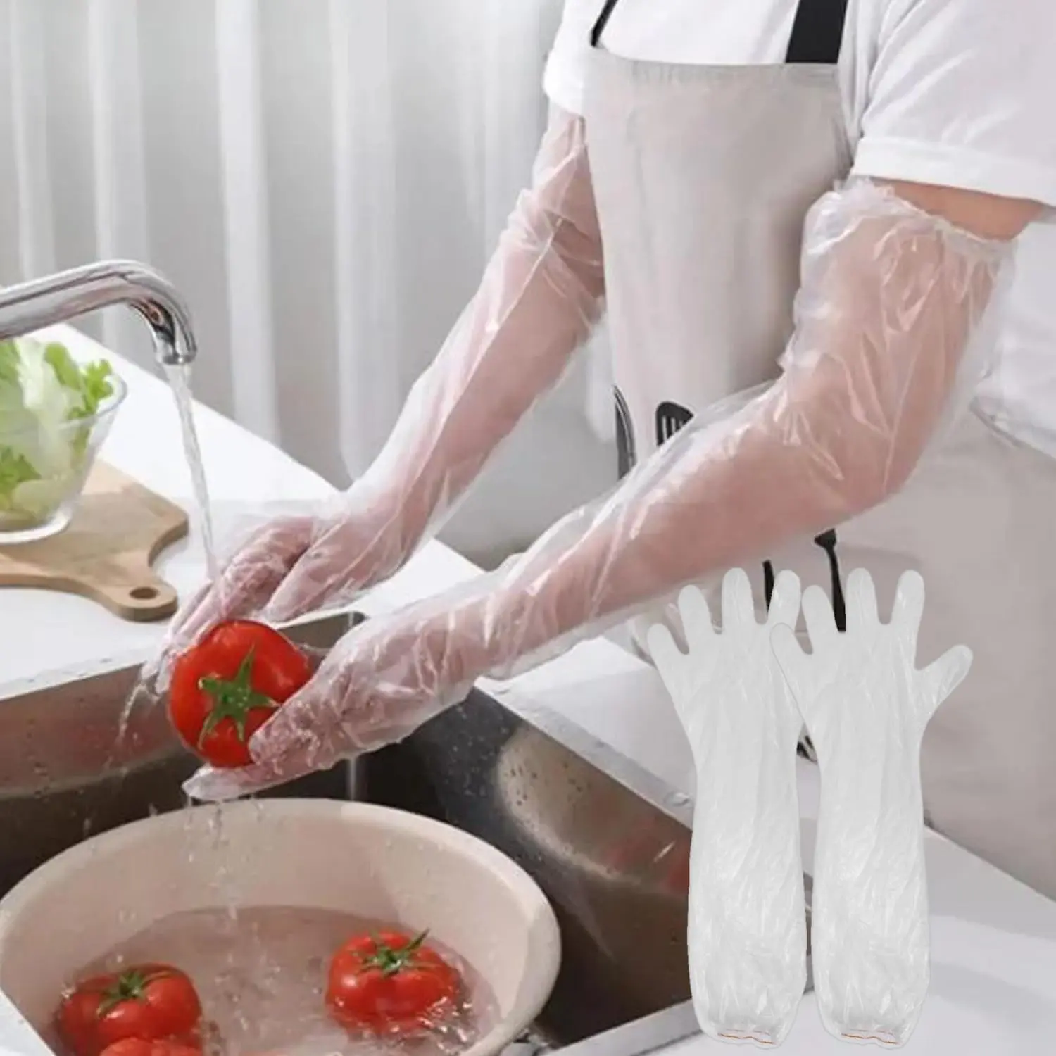 5-Pair Long Cleaning Gloves - 23.6in Waterproof Reusable Disposable Long Sleeve Gloves for Kitchen Cooking, Household Dishwashing