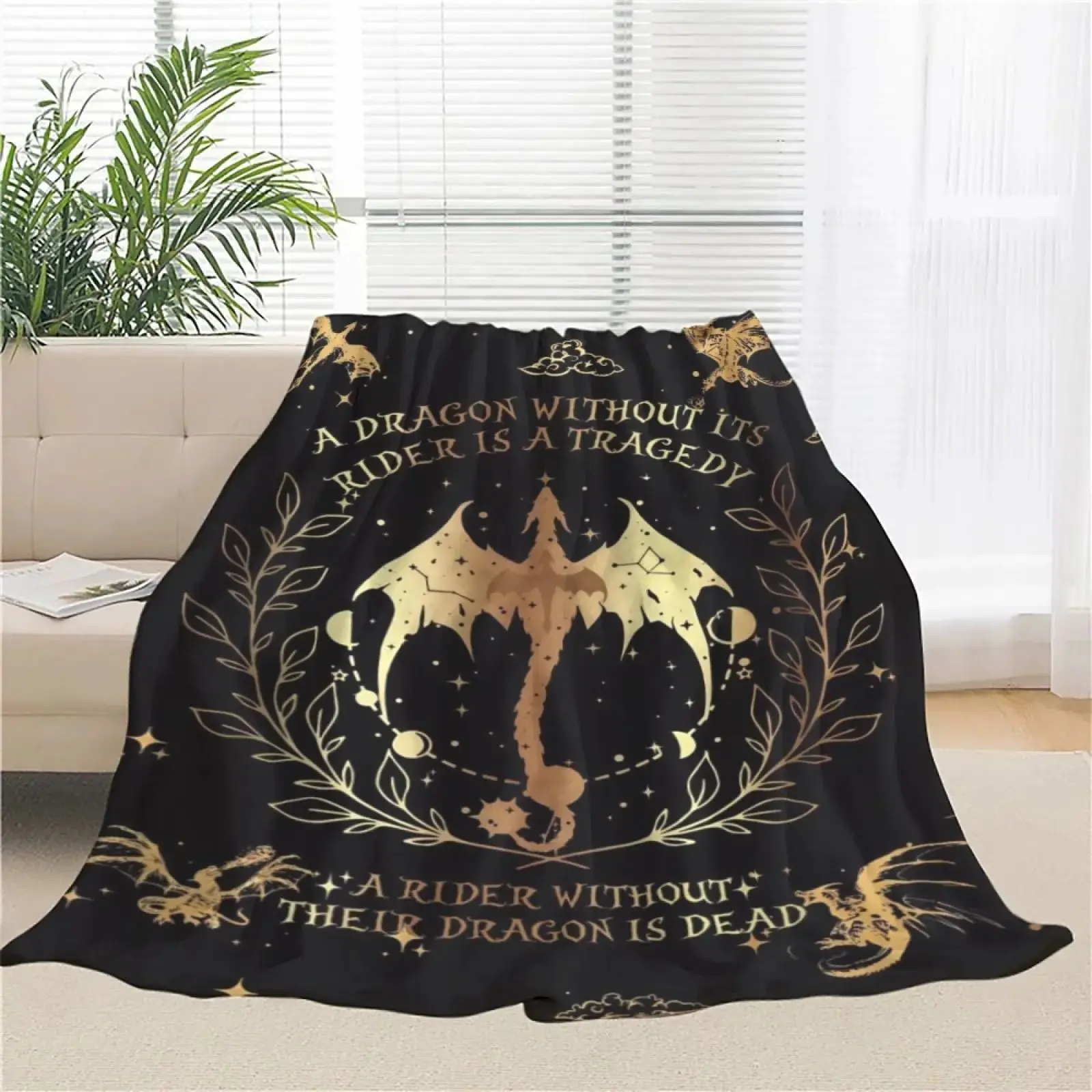 Fourth Wing Dragon Rider Fleece Throw Blanket, "A Dragon Without Its Rider" Fantasy Bookish Gift, Dark Academia Room Decor