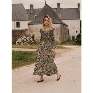 Women Floral Print Long Dress Ruffled Slim Fit Long Sleeve Pastoral Style Midi Dress 2026 New Spring Summer