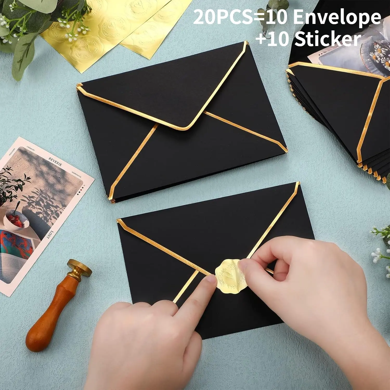 20pcs Including 10 Envelopes + 10 Stickers, Simple Western-Style Golden Foil Edged Greeting Card Envelopes, Cards Envelopes, Suitable for Weddings, Birthday Parties, Christmas, Halloween, Valentine's Day, and Business Invitations, Party Invitations