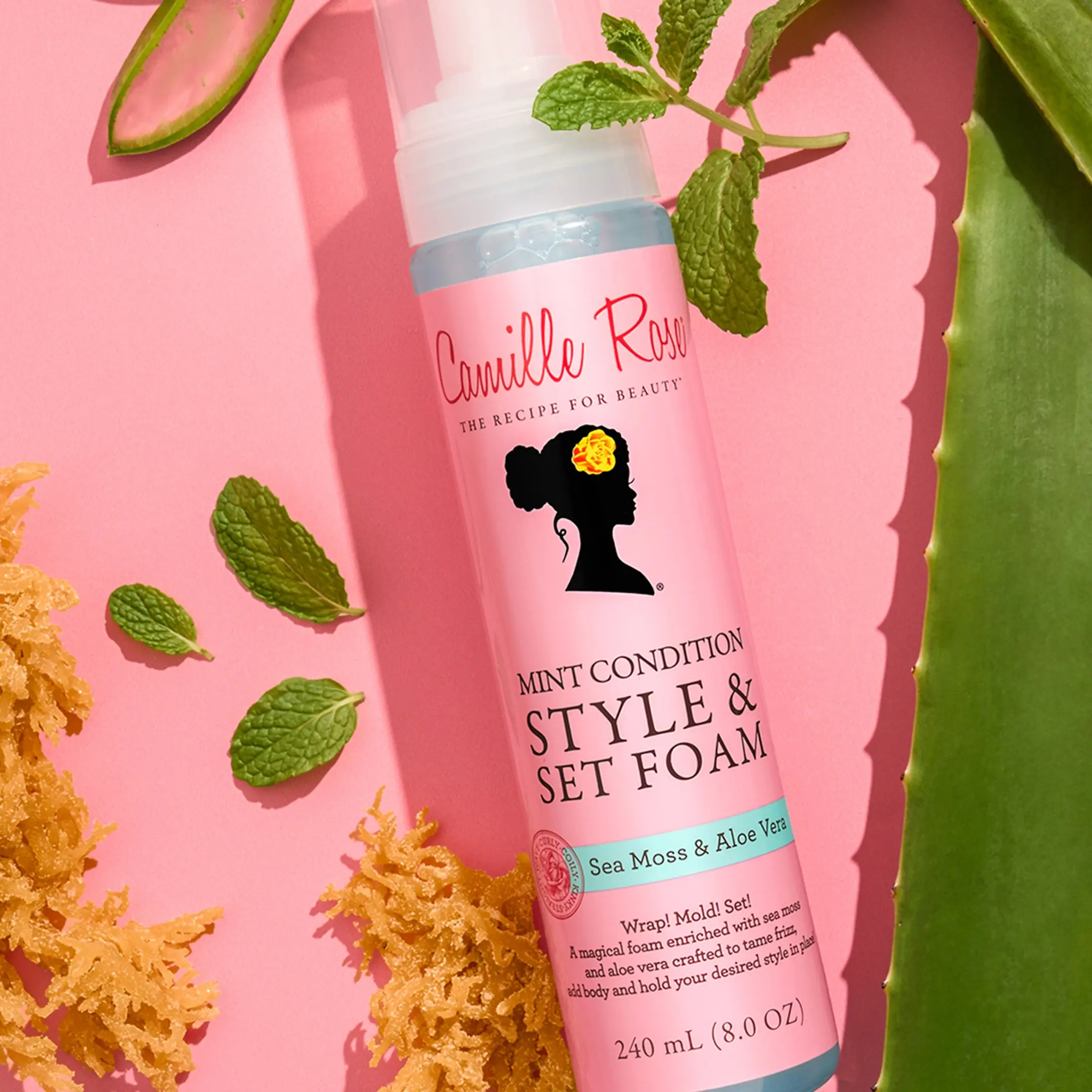 Camille Rose Mint Condition Style & Set Foam - 8oz Styling Foam with Sea Moss & Aloe Vera for Curl Definition & Hold, Frizz-Free, Residue-Free Finish - Braids, Locs, Blow Dry & Roller Set Styles (Haircare Styling Foam)