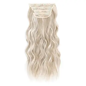 ZIHAN Clip in Hair Extensions 4PCS Ash Blonde with Highlights Thick Long Beach Waves Invisible Lace Weft Synthetic Wiglets for Women Wavy Hairpieces