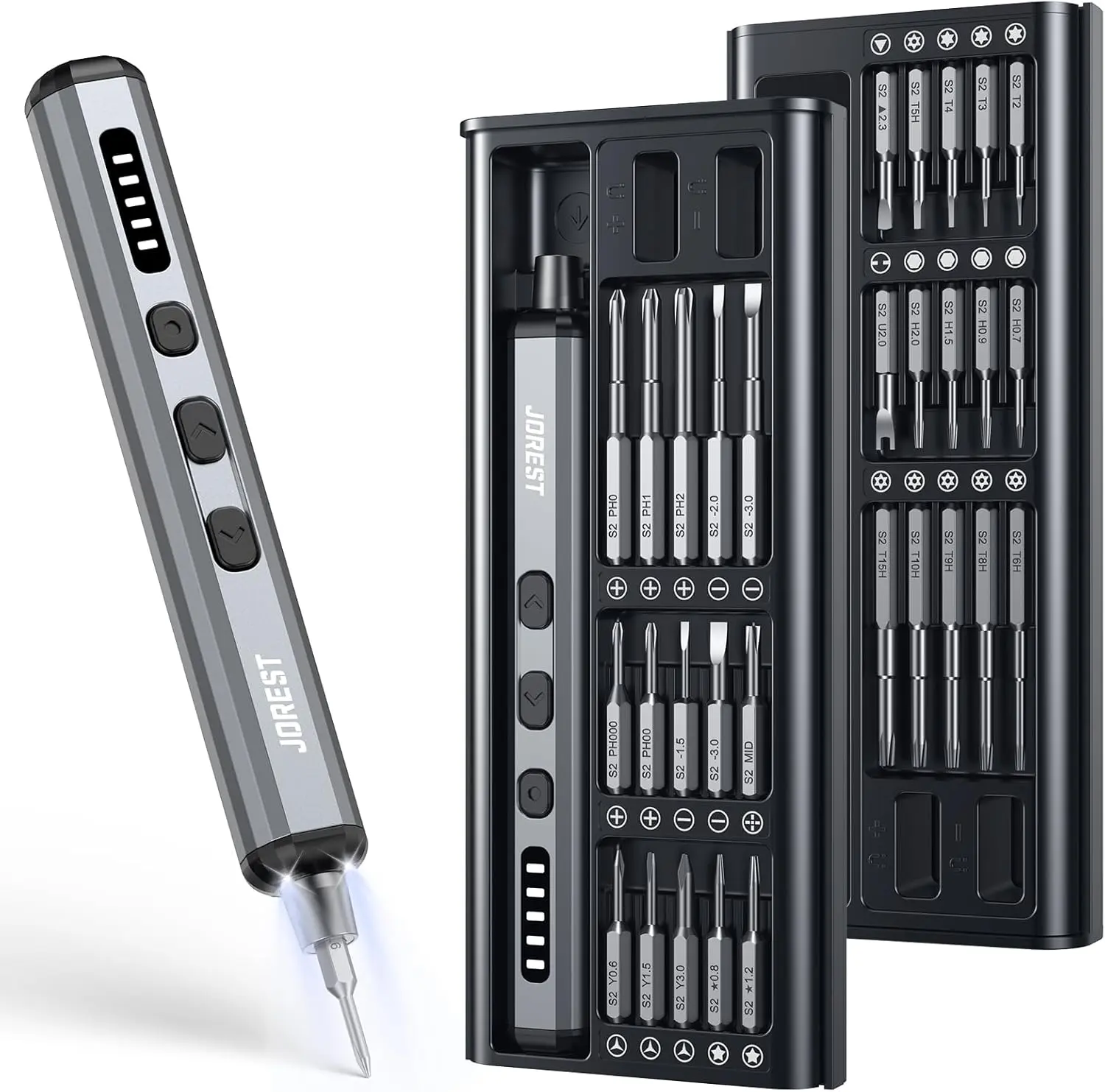 Summerfinds JOREST Mini Cordless USB Rechargeable Screwdriver, 38-in-1 Magnetic Bit Precision Set, 5 Torque Settings, LED Light, Repair Tool Kit for iPhones, Laptops, Drones, Cordless Screwdriver